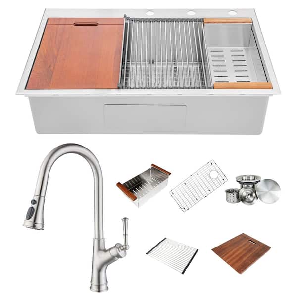 eModernDecor 16-Gauge Stainless Steel 36 in. Single Bowl Drop-In Workstation Kitchen Sink Combo with Faucet (Brushed Nickel Finish)