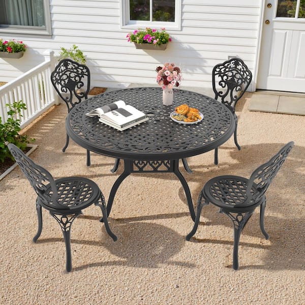 Elegant Black 5-Piece of Cast Aluminum Outdoor Patio Dining Set with 47.24 in. Round Table and Armless Chairs