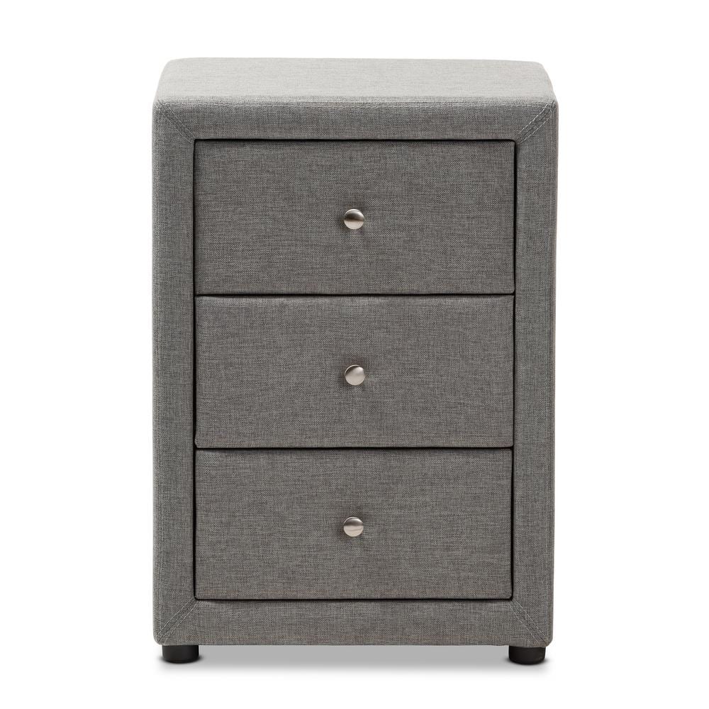 Contemporary Grey Fabric 3-Drawer Nightstand with Chrome Knobs
