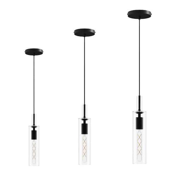 Modern 1-Light Matte Black Pendant Light with Clear Glass Shade (3-Pack)