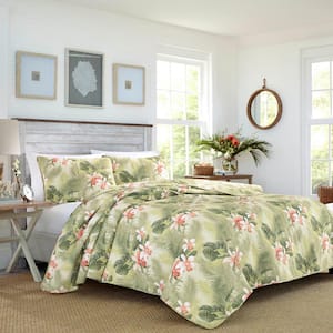 Tropical Orchid 3-Piece Green Floral Cotton Full/Queen Quilt Set