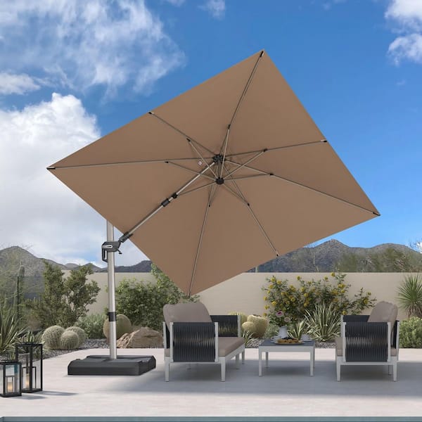 10 ft. Square Cantilever Patio Umbrella Light Champagne Aluminum Swivel Offset 360° Rotation Umbrella in Taupe