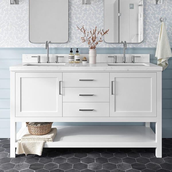 ARIEL Bayhill 60.25 in. W x 22 in. D x 36 in. H Double Sink Freestanding Bath Vanity in White with Man-Made Stone Top