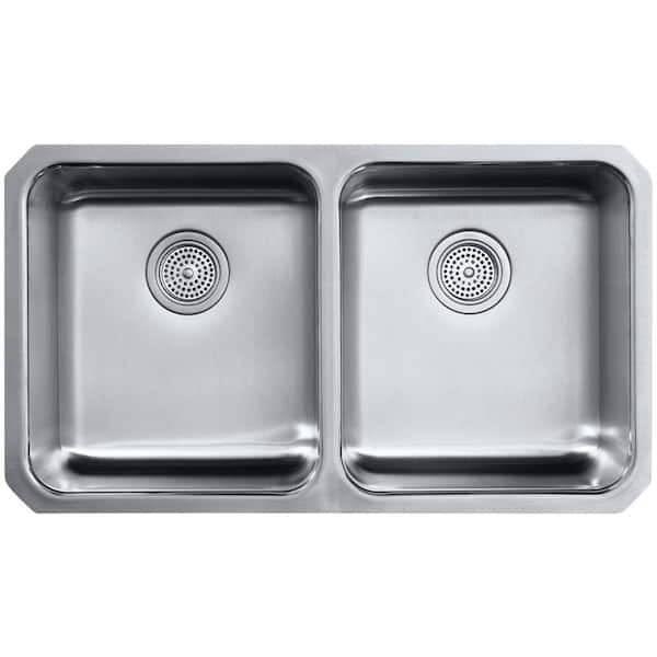 KOHLER Undertone Preserve Undermount Stainless Steel 32 in. Double Bowl Scratch-Resistant Kitchen Sink Kit with Basin Rack