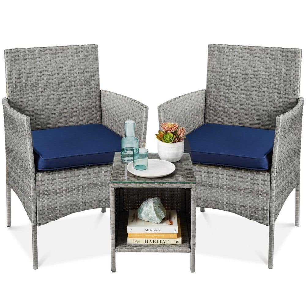 Gray Wicker 3-Piece Patio Bistro Set with Navy Cushions