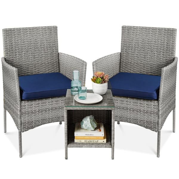 Unbranded Gray 3-Piece Wicker Outdoor Bistro Set with Navy Cushion