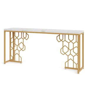 Benjamin 70.87 in. Faux Marble White Gold Rectangle Entryway Sofa Console Table Front Door, Foyer, Living Room, Entrance