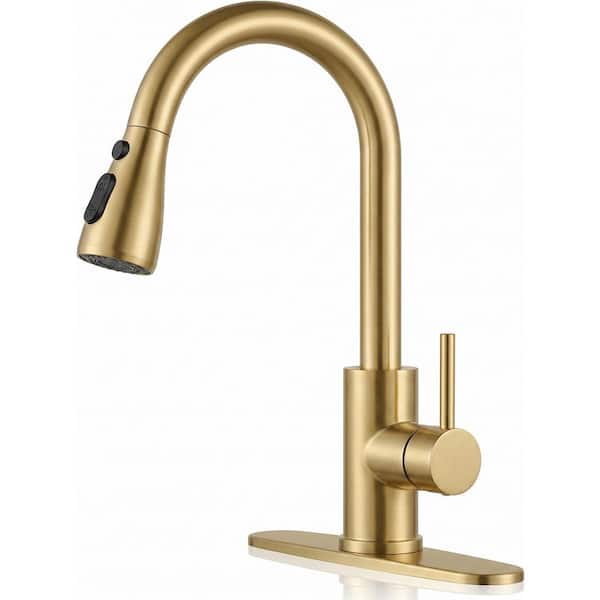 Brushed Gold 14 in. H Pull Down Sprayer Kitchen Faucet with 360° Spout Swivel Stainless Steel Kitchen Sink Faucets