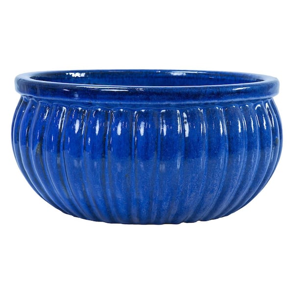 14.5 in. Round Ribbed Ceramic Planter Bowl-Imperial Blue