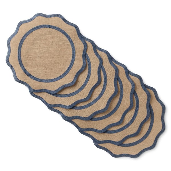 MARTHA STEWART Hessian Textured Wedge Border 15 in. x 15 in. Round Natural/Navy Blue Jute Placemat Set (6-Piece)