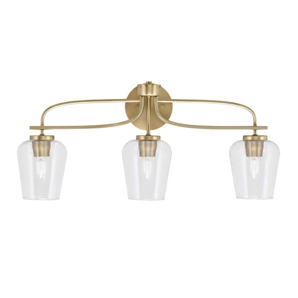 Olympia 26.75 in. 3-Light New Age Brass Vanity Light White Muslin Glass Sha