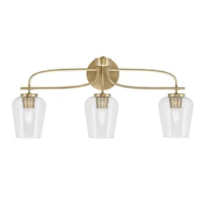 Olympia 26.75 in. 3-Light New Age Brass Vanity Light White Muslin Glass Shade