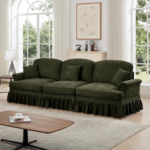 Udolf 107.1 in. Flared Arms Chenille Rectangle Sectional Sofa in Green, Removable Ruffles Pleats Skirts