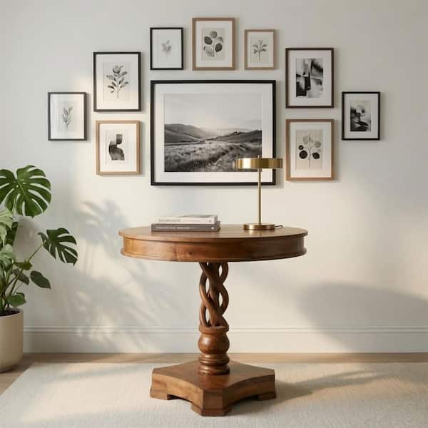 30 in. W Walnut Brown Round Mango Wood Table with Twisted Pedestal Base and Molded Top