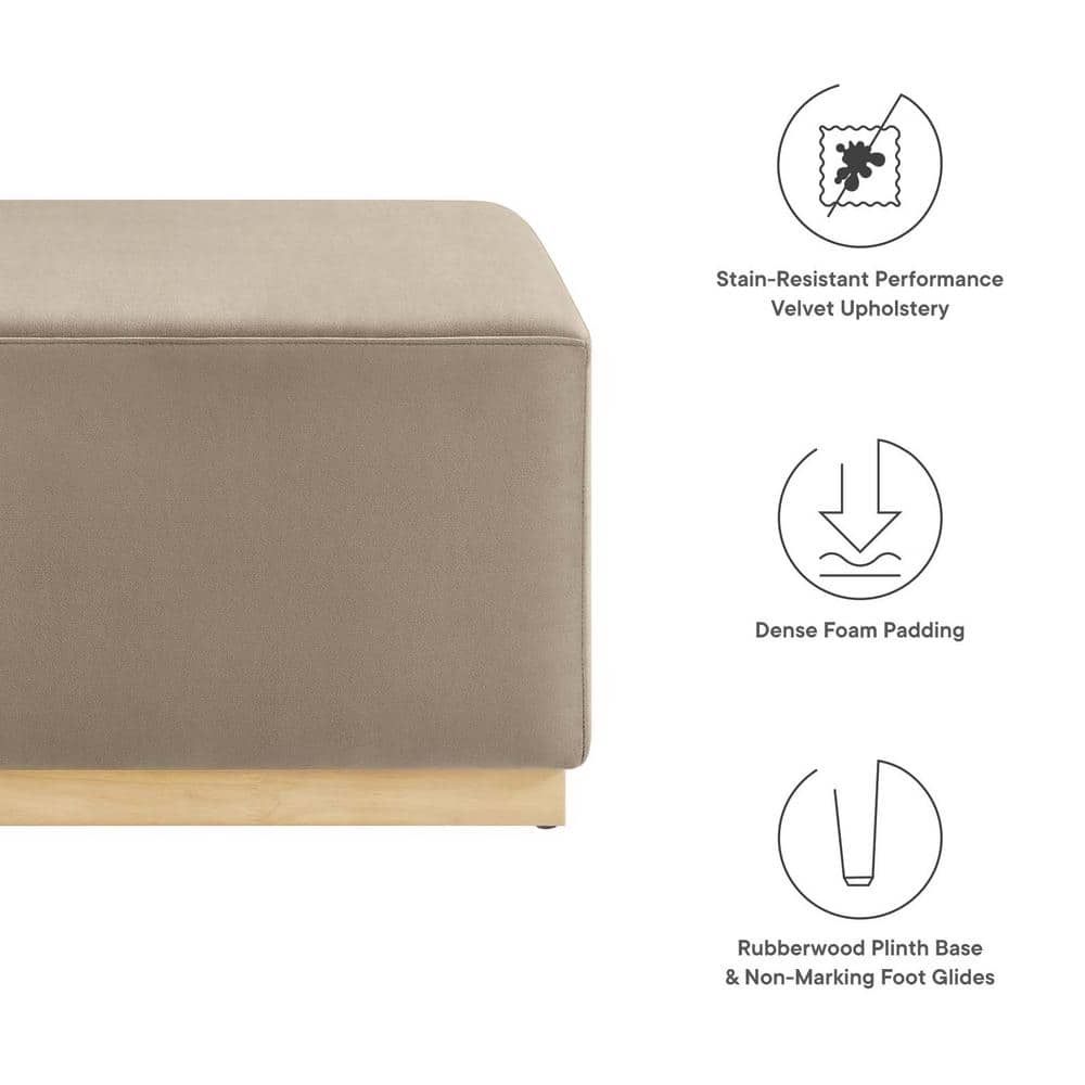 Tilden Taupe Velvet Upholstered Square Ottoman with Rubberwood Base