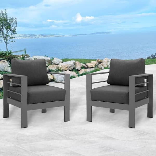 AULEDIO Modern Gray Single Couch Sofa Aluminum Outdoor Chair Lounge Chair with Gray Cushion (2-Pack)