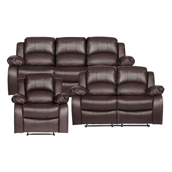 Lazzara Bianca 83 in. W. Pillow Top Arm Faux Leather Rectangle 3-Piece Manual Reclining Sofa Set in Brown