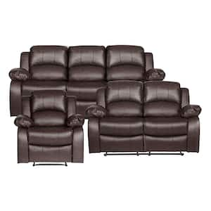 Bianca 83 in. W. Pillow Top Arm Faux Leather Rectangle 3-Piece Manual Reclining Sofa Set in Brown