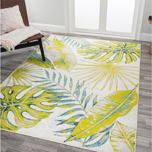 Monstera Ivory/Green 3 ft. x 5 ft. Tropical Leaves Area Rug