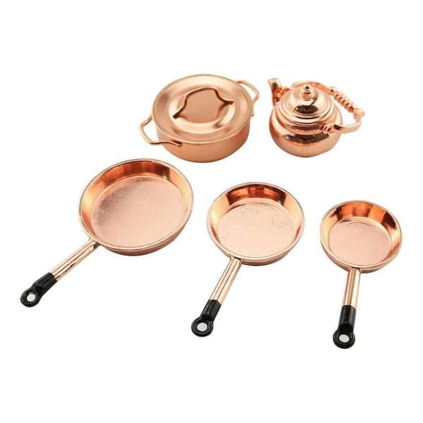 1 Set Miniature Metal Cookware Copper Finish Alloy Kitchen Accessories Frying Pans Kettle Pots with Lids for Dollhouse