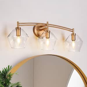 Modern 26 in. W 3-Light Gold Vanity Light with Hexagon Clear Glass Shade