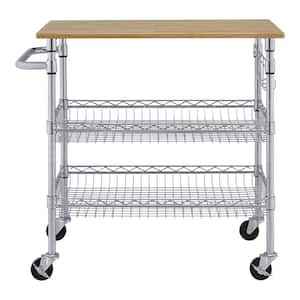 Grayson Chrome Metal Kitchen Microwave Cart with Natural Wood Top and Locking Wheels (36" W)