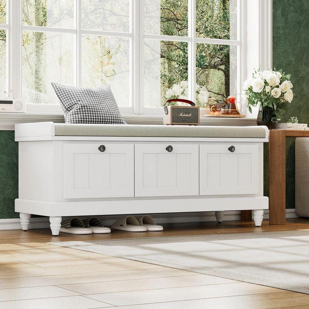 LUCKY ONE 19 in. H x 44 in. W Ivory Rubber Wood Shoe Storage Bench