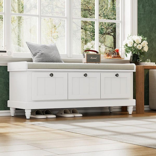 LUCKY ONE 19 in. H x 44 in. W Ivory Rubber Wood Shoe Storage Bench