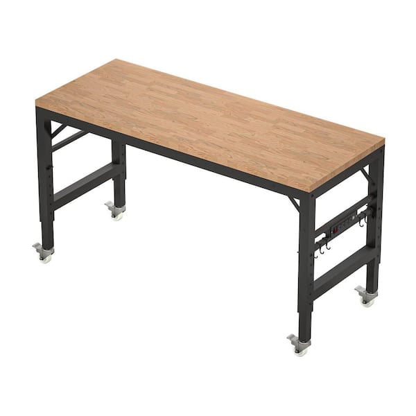 23.6 in. W x60 in. D Adjustable Workbench with Rubber Wood Top, Heavy Duty Workstation with Power Outlets & Wheels