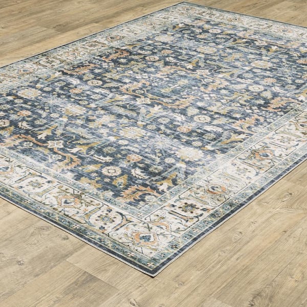 Cascade Blue/Gold 2 ft. x 8 ft. Vintage Persian Polyester Machine Washable Indoor Runner Area Rug