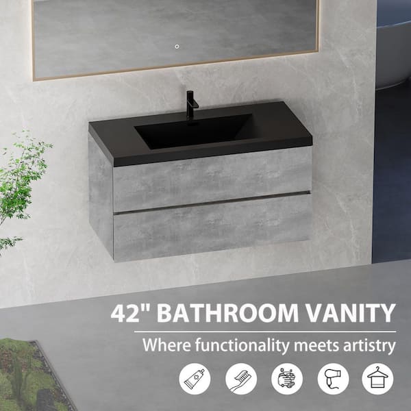 42 in. W x 20 in. D x 22 in. H Single Sink Floating Bath Vanity in Cement Grey with Matte Black Quartz Sand Top