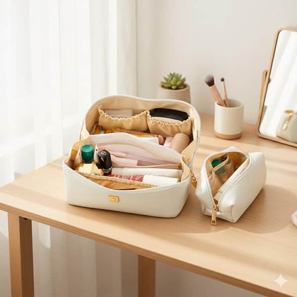 【新品】BRIEFING OUTDOOR COSMETICS POUCH SET Lynzavix Beige Personalized Initial Makeup Organizer Bag Set, Open