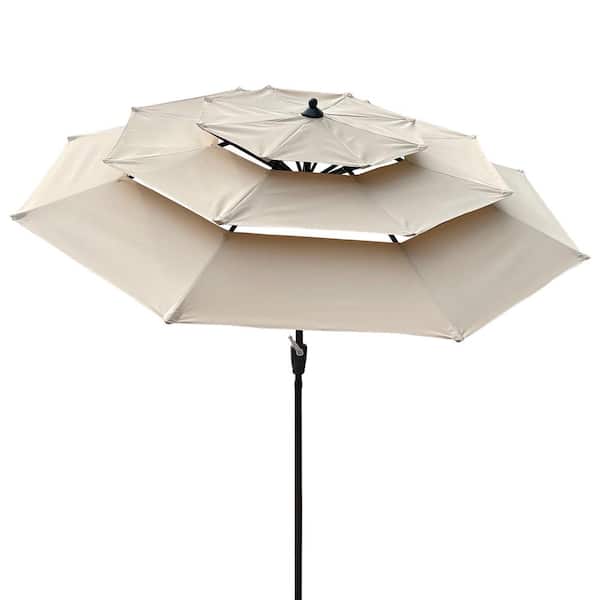 Maincraft 9 ft. 3-Tiers Outdoor Market Umbrella with Push Button Tilt and Crank Patio Umbrella in Beige