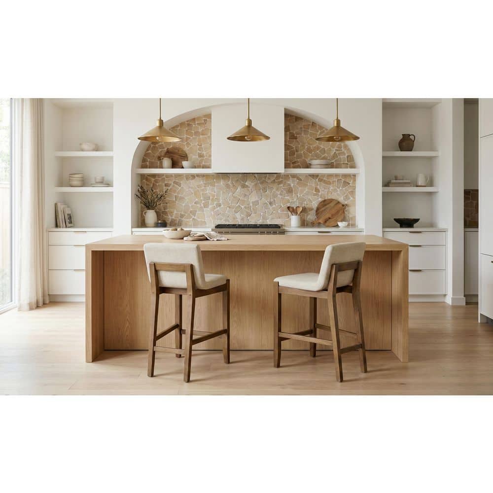 Kaia 35 in. H Beige Fabric Wood Organic Modern Counter Height Stools (Set of 2)
