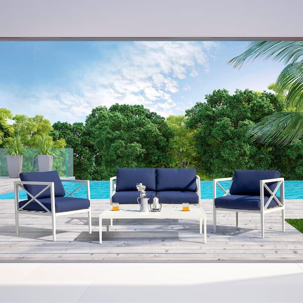 White 4-Piece Aluminum Patio Conversation Set with Coffee Table and Removable Dark Blue Olefin Cushions