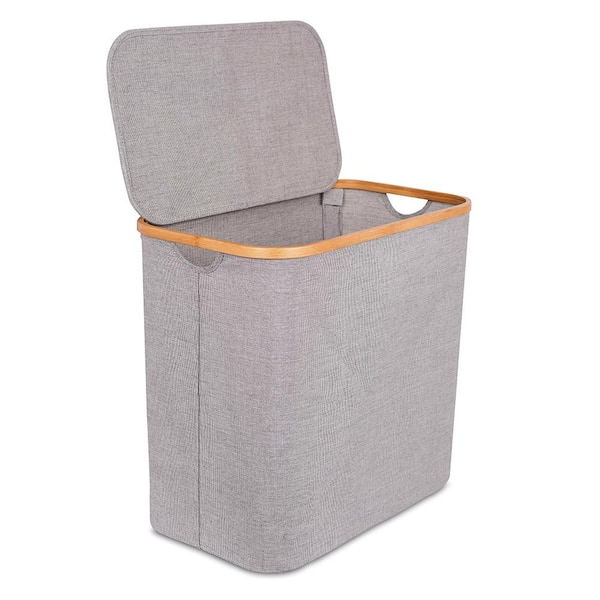 BirdRock Home Grey Bamboo and Canvas Hamper with Cut Out Handles
