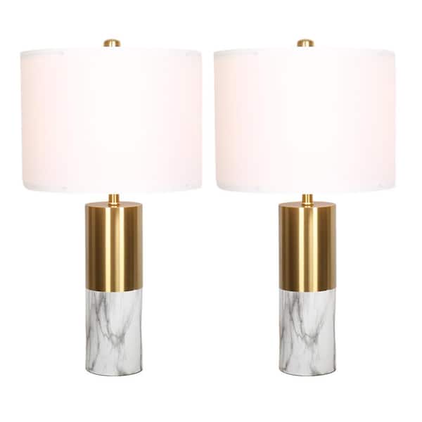 Pia Ricco 19.6 in. Table Lamp Set with Shade and (Set of 2) in Marble and Brass/White