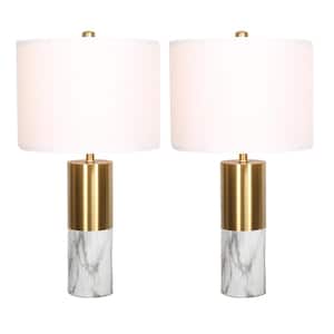 19.6 in. Gold Plating and White Marble Effect Besides Lamp Table Lamp Set With Cord and Shade (Set of 2)