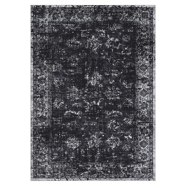 10 ft. x 13 ft. Black Large Size Non-Slip Bohemian Style Washable Vintage Floral Carpet Dining Room Bedroom Area Rug