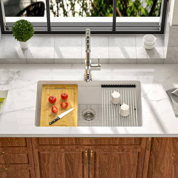 Quartz Composite 32 in. W Undermount Single Bowl Workstation Kitchen Sink in White