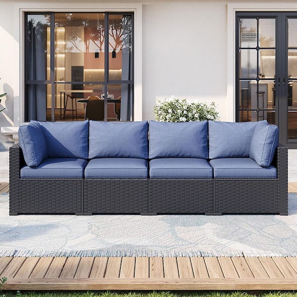 Black 4-Piece Wicker Rattan Patio Conversation Outdoor Sectional Set with Blue Cushions