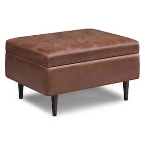 Shay Distressed Saddle Brown Mid Century Small Square Coffee Table Storage Ottoman