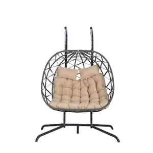 2-Person Deep Gray Outdoor Rattan Metal Porch Swing Hanging Chair Patio Wicker Egg Chair with Khaki Cushion