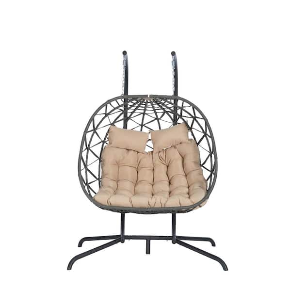 ITOPFOX 2-Person Deep Gray Outdoor Rattan Metal Porch Swing Hanging Chair Patio Wicker Egg Chair with Khaki Cushion