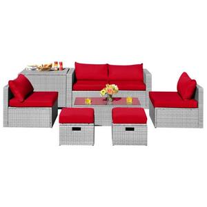 8-Piece Wicker Patio Conversation Set Furniture Set with Red Cushions and Space-Saving Design