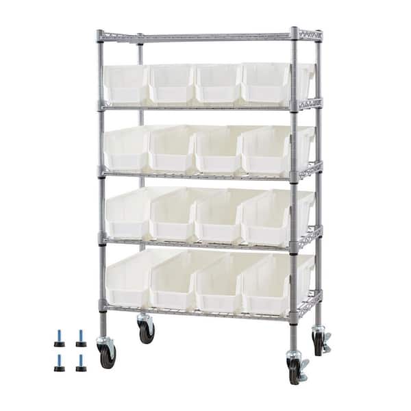 5-Tier Rolling Bin Storage Rack with 16 Organizer Bins, Mobile Steel Wire Shelving with Wheels for Garage, 2025 Update