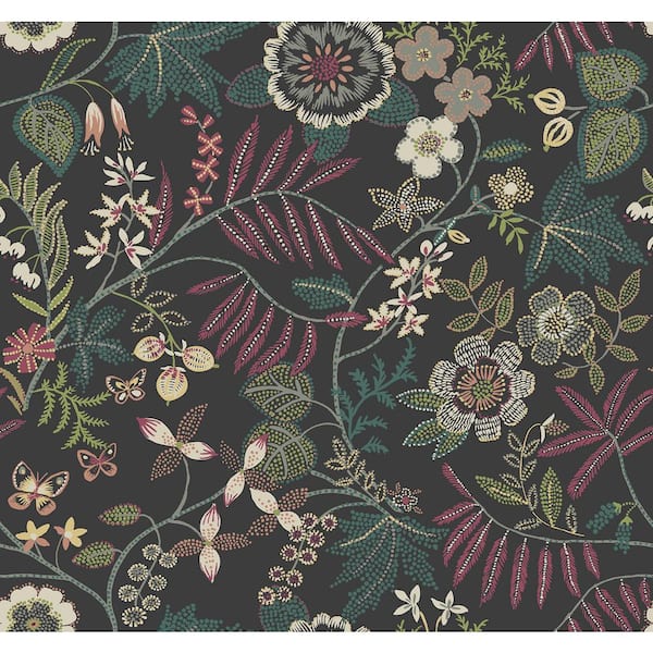SCOTT LIVING Marilyn Multi-Colored Black Floral Trail Wallpaper Sample