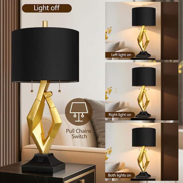 25.5 in. Black and Gold Table Lamp Set of 2 with Dual USB Charging, Pull Chain Control(Bulbs Included)