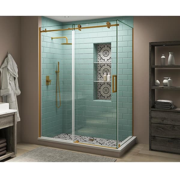 Aston Coraline XL 44 in. - 48 in. x30 in. x 80 in. Frameless Corner Sliding Shower Enclosure Clear Glass in Brushed Gold Right