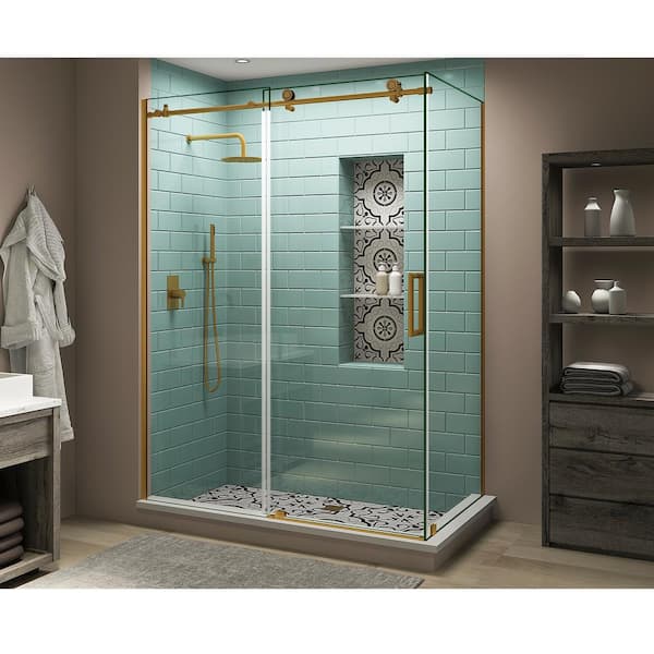 Aston Coraline XL 52 in. - 56 in. x34 in. x 80 in. Frameless Corner Sliding Shower Enclosure Clear Glass in Brushed Gold Right